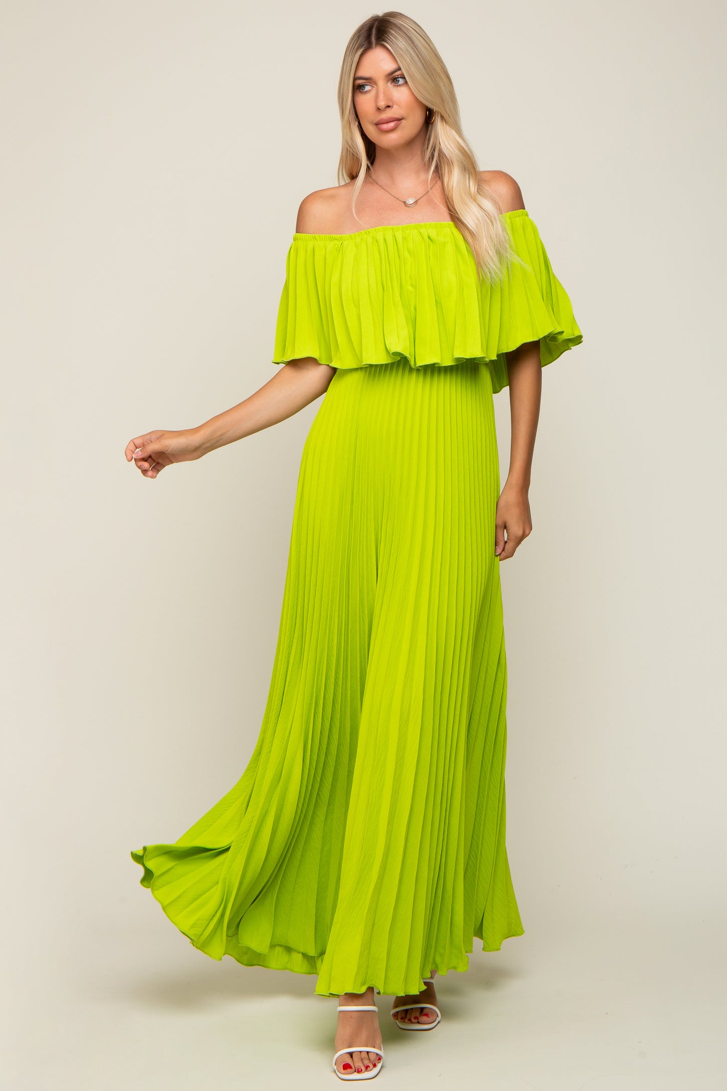 Lime Pleated Off Shoulder Maternity Maxi Dress PinkBlush Lime Pleated Off Shoulder Maternity Maxi Dress PinkBlush