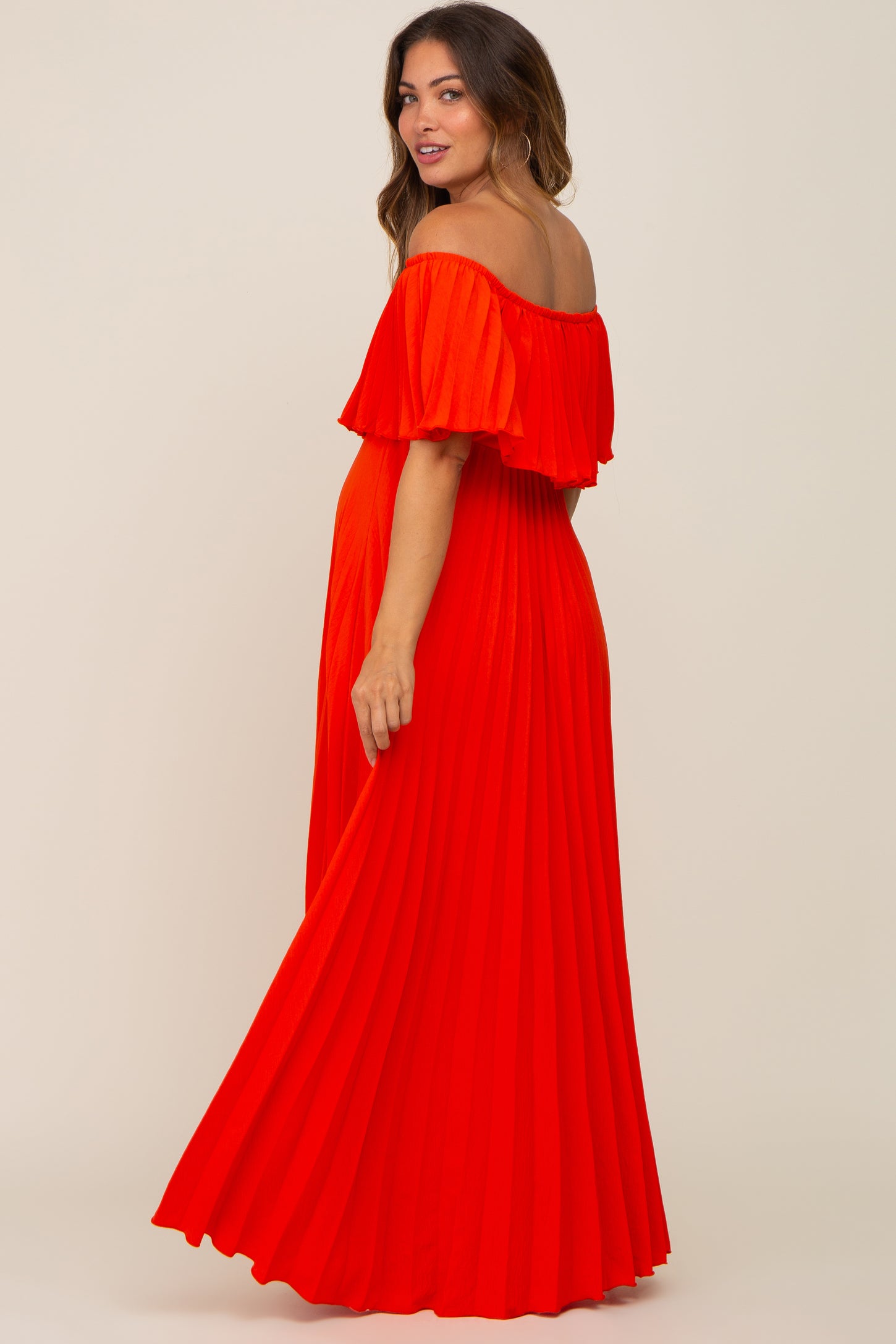 Orange Pleated Off Shoulder Maternity Maxi Dress