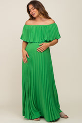 Green Pleated Off Shoulder Maternity Maxi Dress