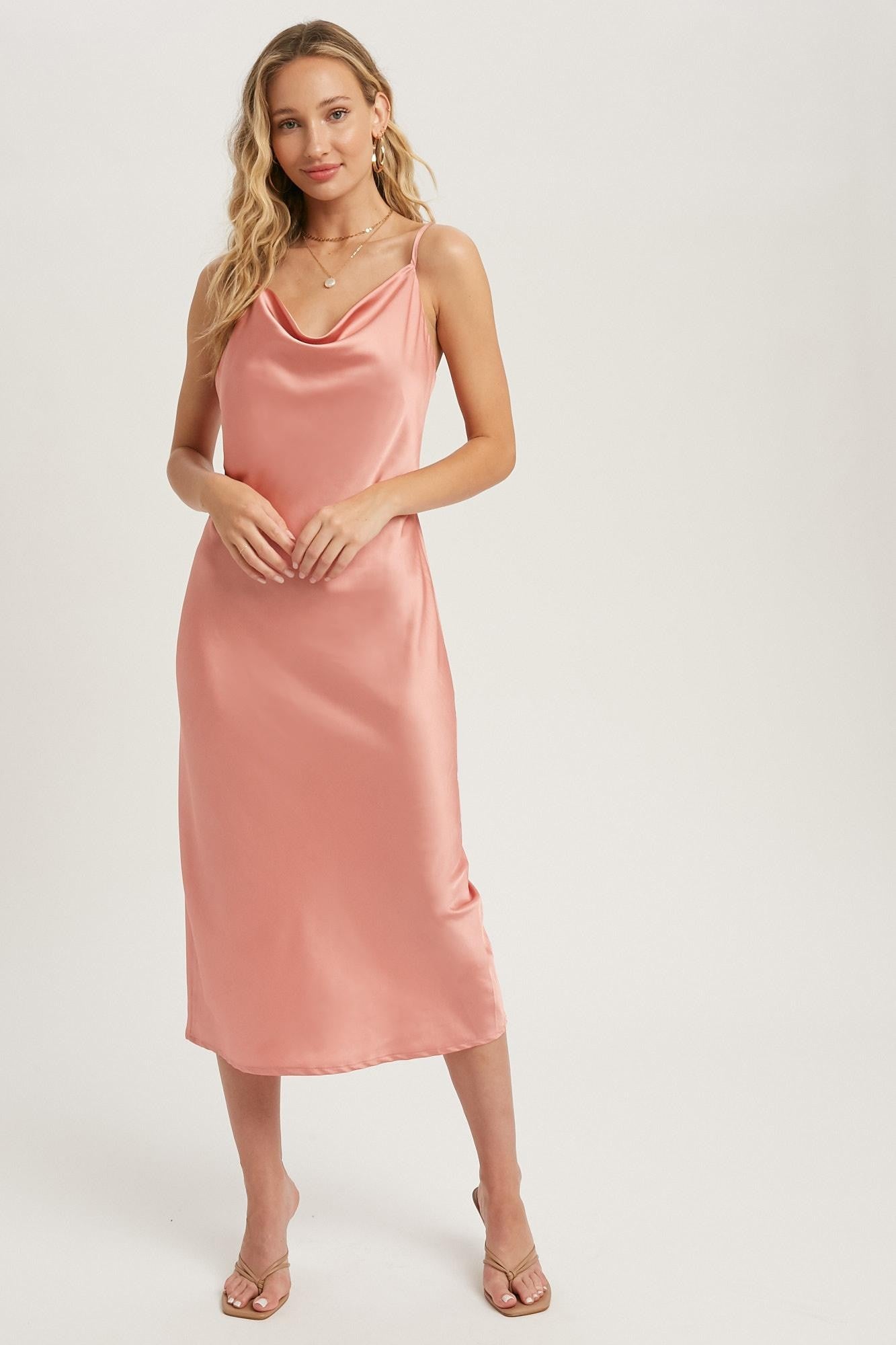 Rose Satin Cowl Neck Midi Slip Dress – PinkBlush