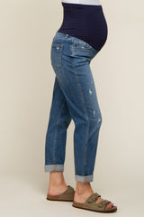 Blue Distressed Rolled Cuff Maternity Straight Leg Jeans