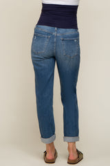 Blue Distressed Rolled Cuff Maternity Straight Leg Jeans