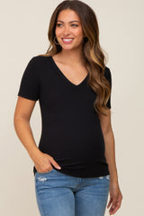 Black Ribbed V-Neck Maternity Top