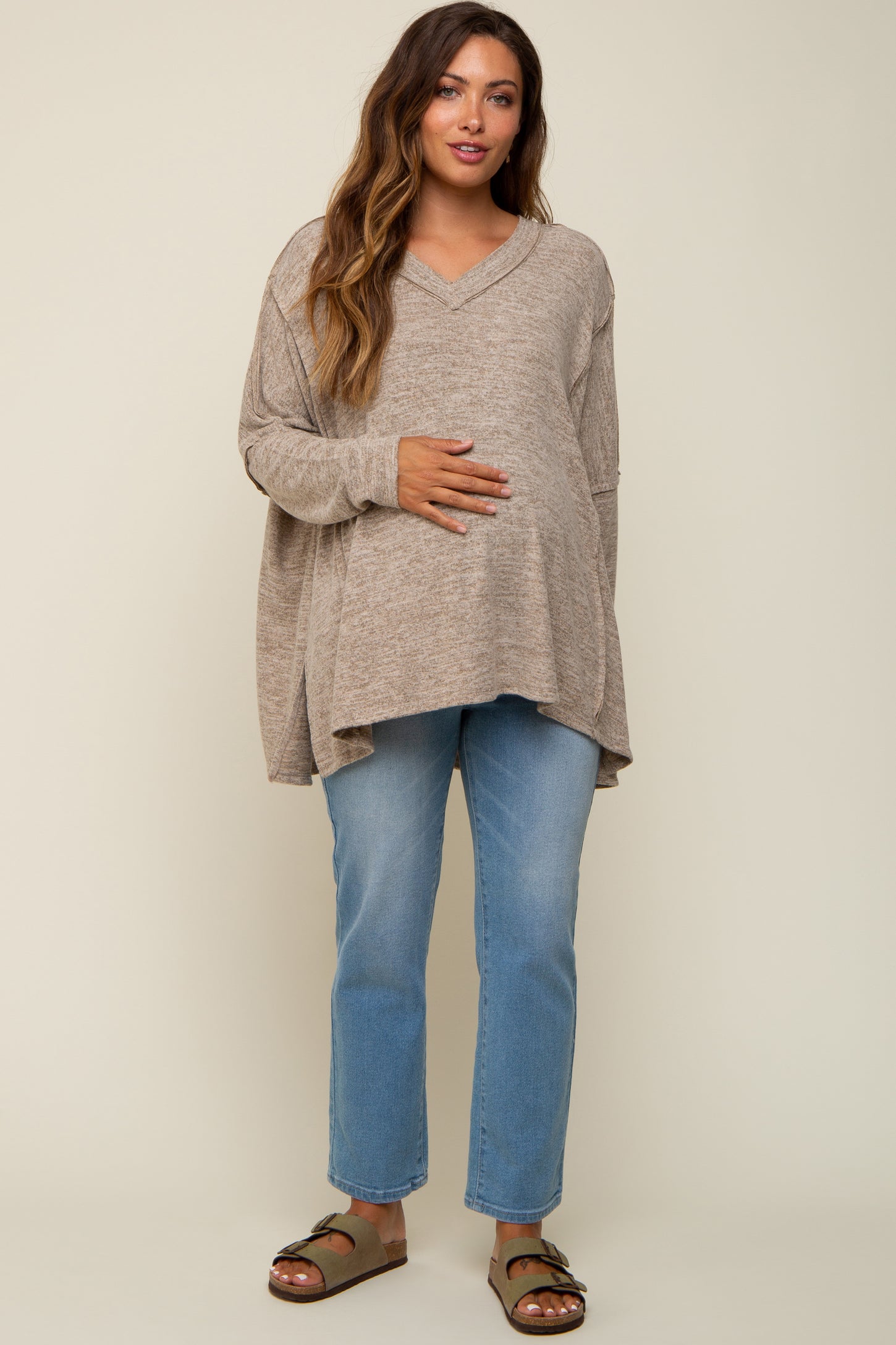 Light Mocha Heathered Soft Knit Long Sleeve Maternity Top