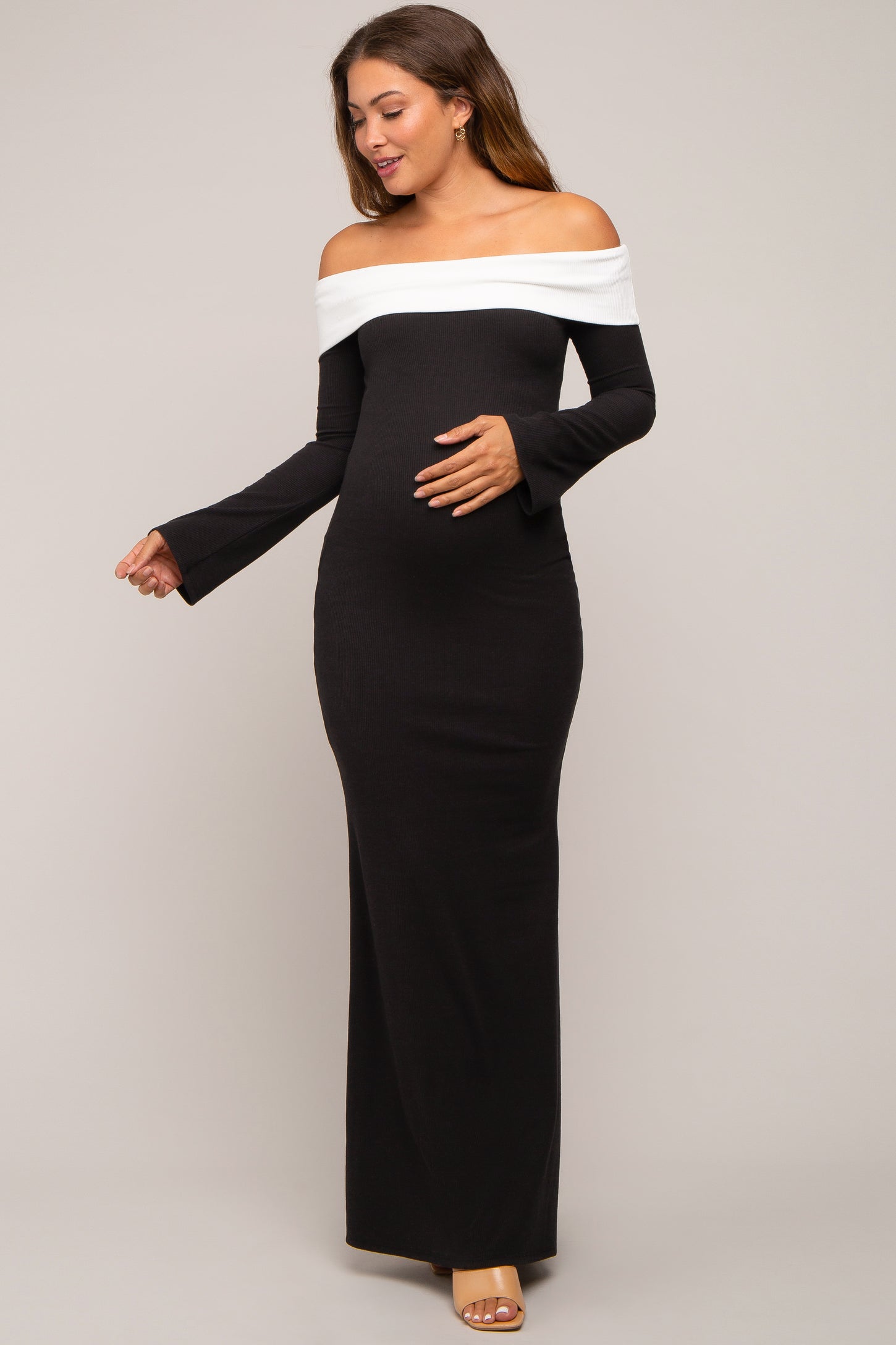 Black Ribbed Knit Colorblock Long Sleeve Off Shoulder Maternity Gown