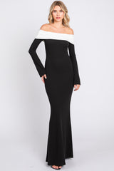 Black Ribbed Knit Colorblock Long Sleeve Off Shoulder Maternity Gown