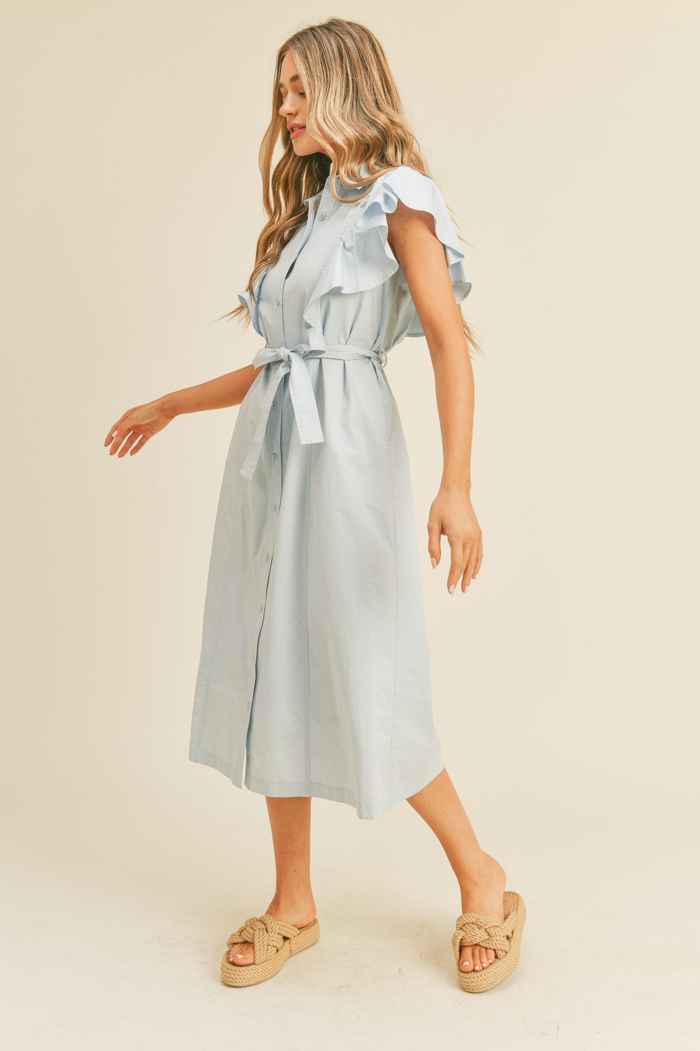Sky Blue Button Down Flutter Sleeve Midi Dress PinkBlush Sky Blue Button Down Flutter Sleeve Midi Dress PinkBlush