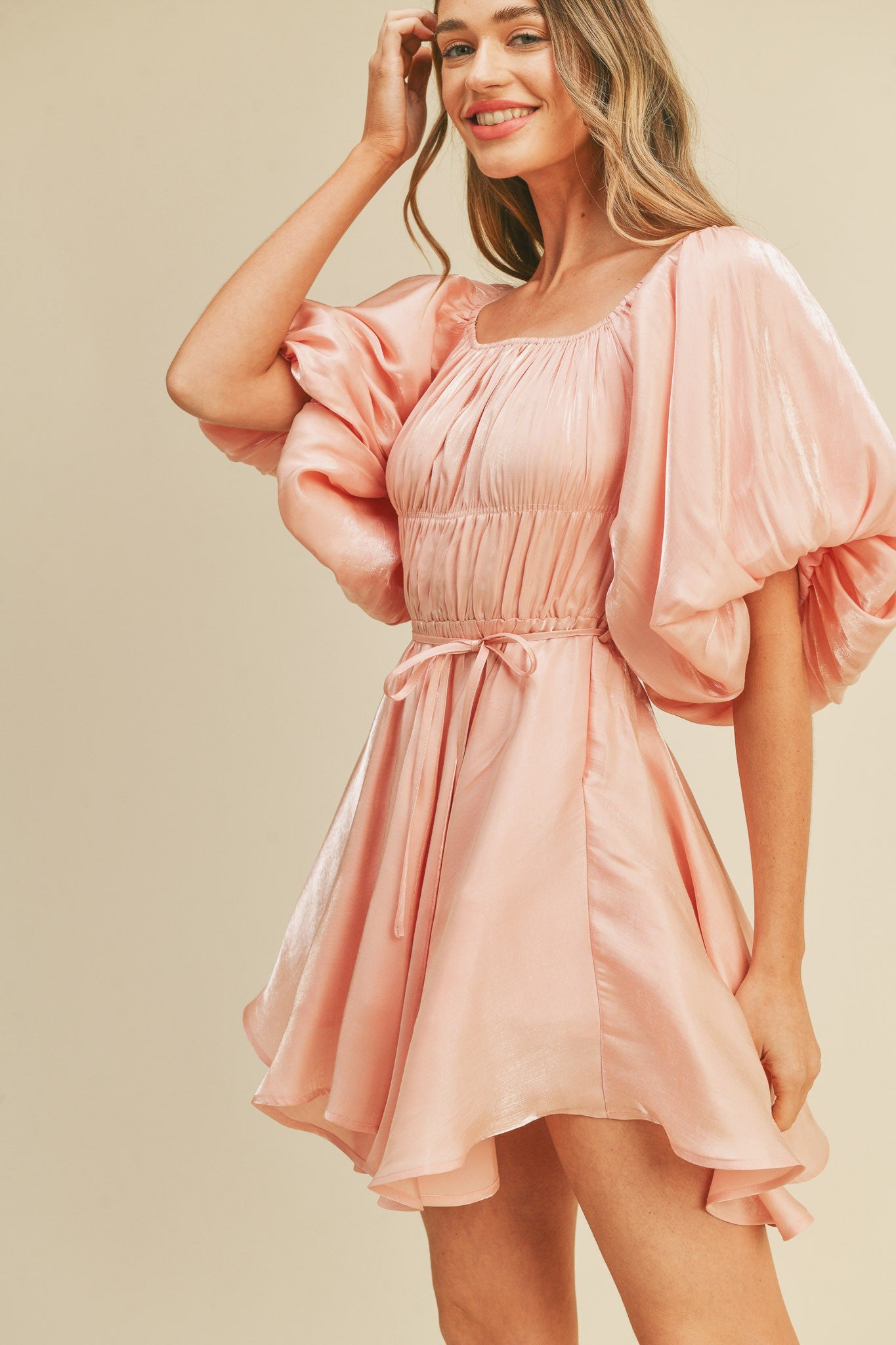 Pink Metallic Bubble Sleeve Flared Mini Dress PinkBlush Pink Metallic Bubble Sleeve Flared Mini Dress PinkBlush