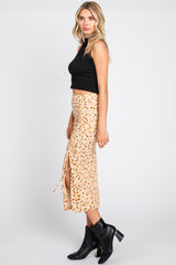 Beige Ribbed Side Slit Drawstring Midi Skirt