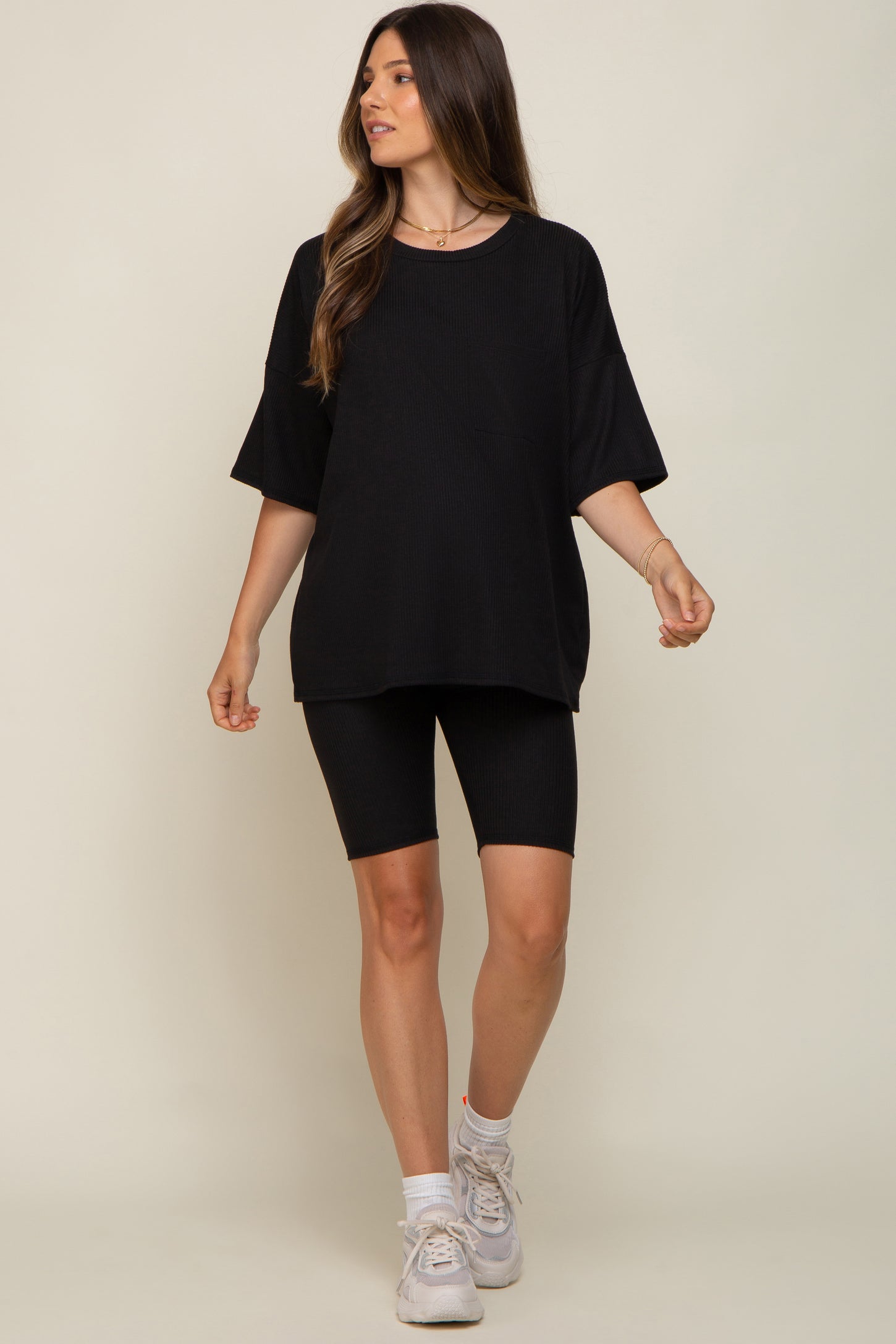 Black Ribbed Biker Short Maternity Sleep Set