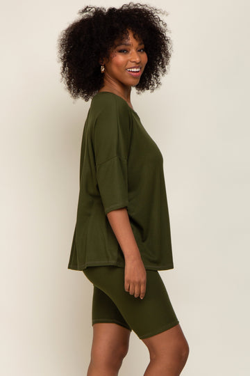 Olive Ribbed Biker Short Sleep Set
