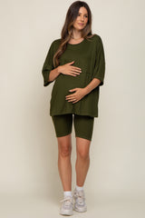 Olive Ribbed Biker Short Maternity Sleep Set