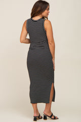 Black Striped Sleeveless Maternity Midi Dress