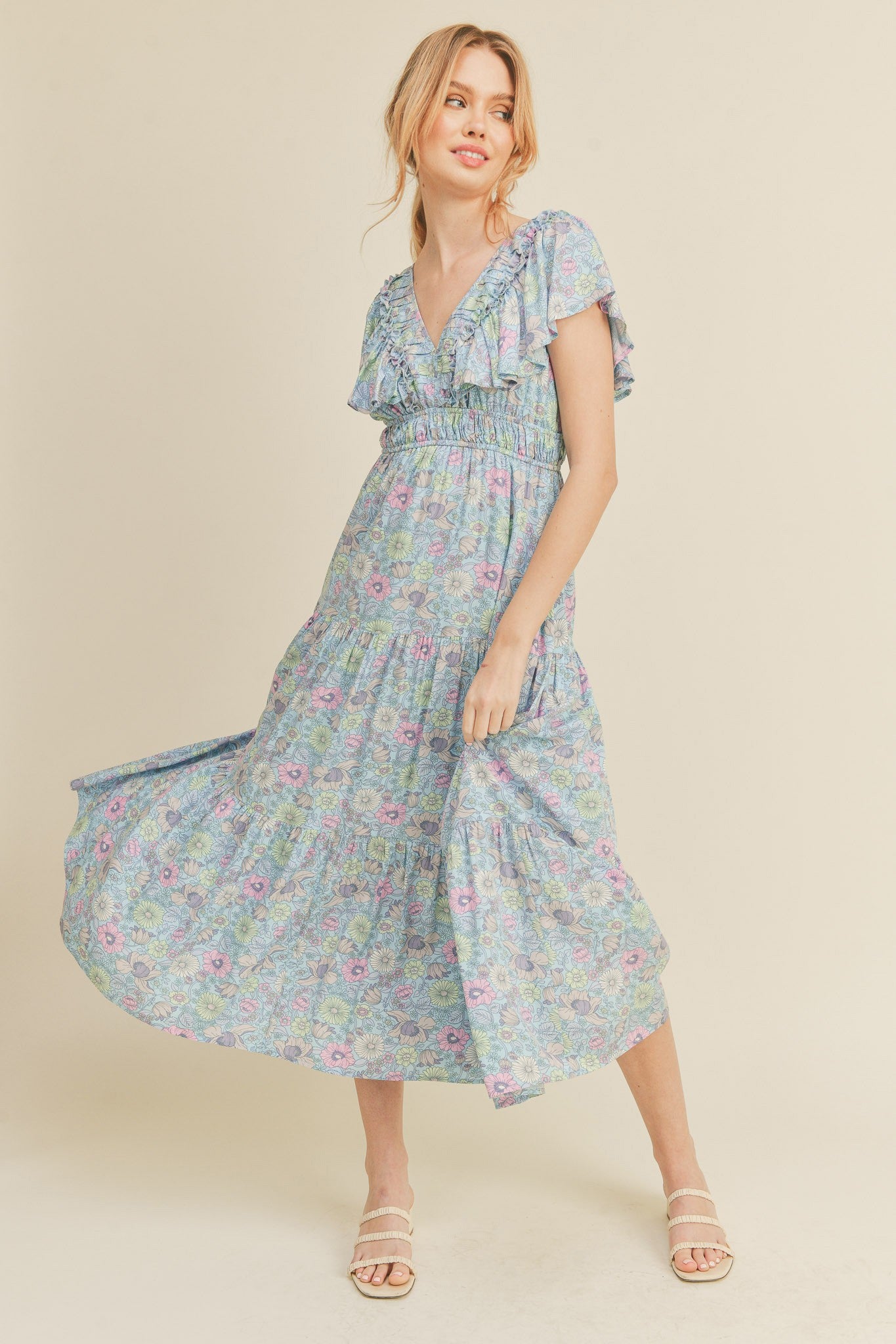 Sky Blue Floral Tiered Floral Midi Dress Small Sky Blue Floral Tiered Floral Midi Dress Small