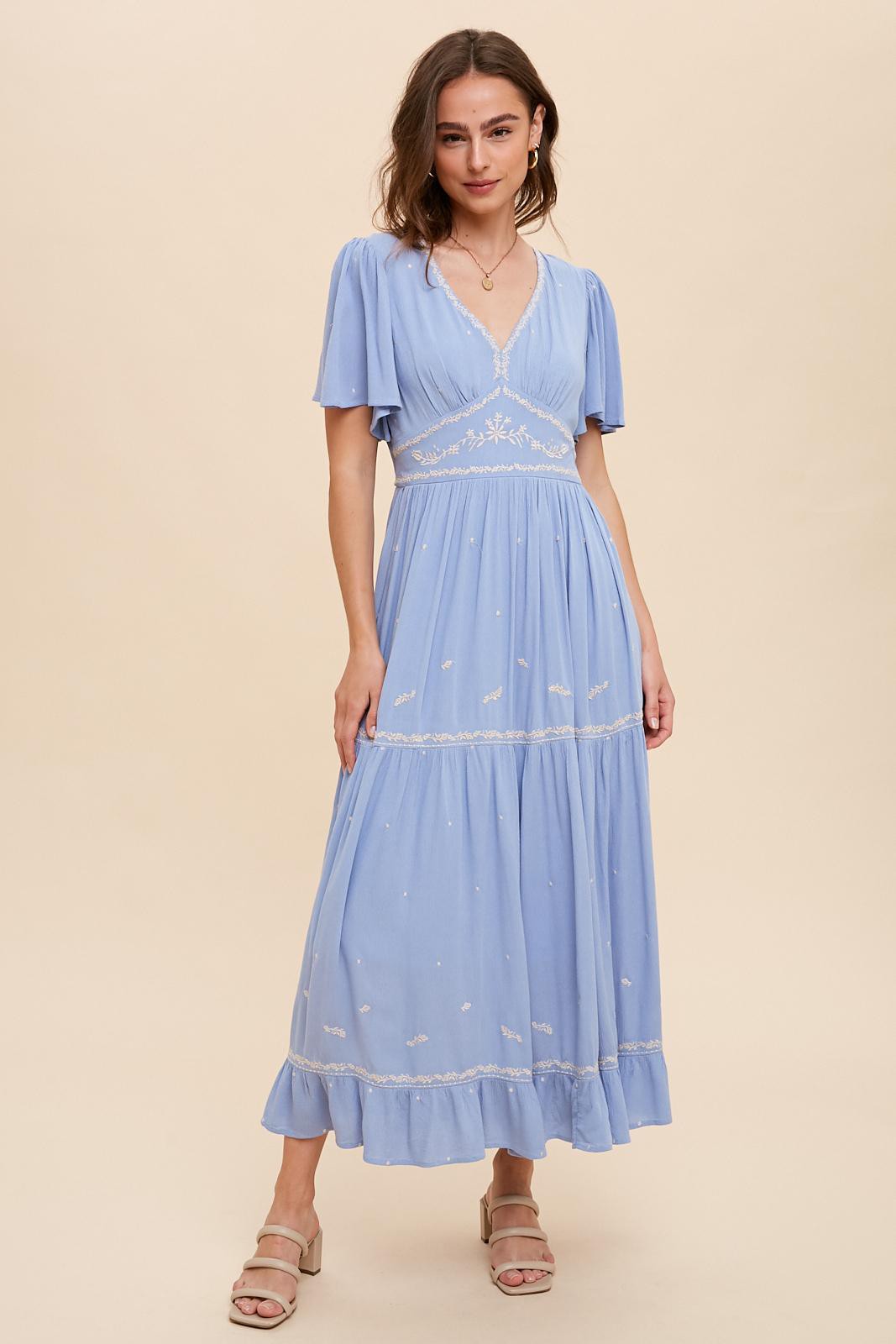 Dusty Blue Embroidered Flutter Sleeve Maxi