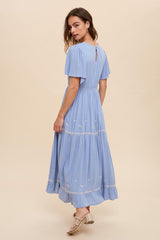 Dusty Blue Embroidered Flutter Sleeve Maxi