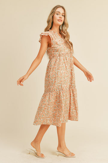 Peach Floral Button Down Midi Dress