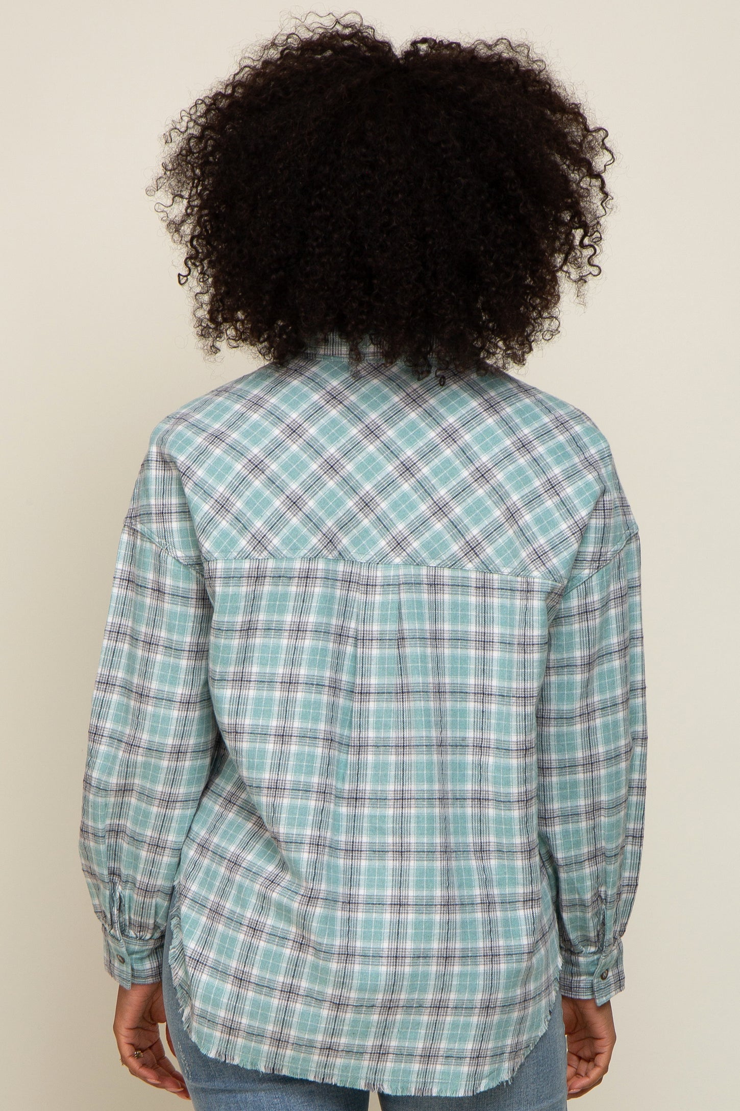 Mint Green Plaid Button Up Raw Edge Flannel Top