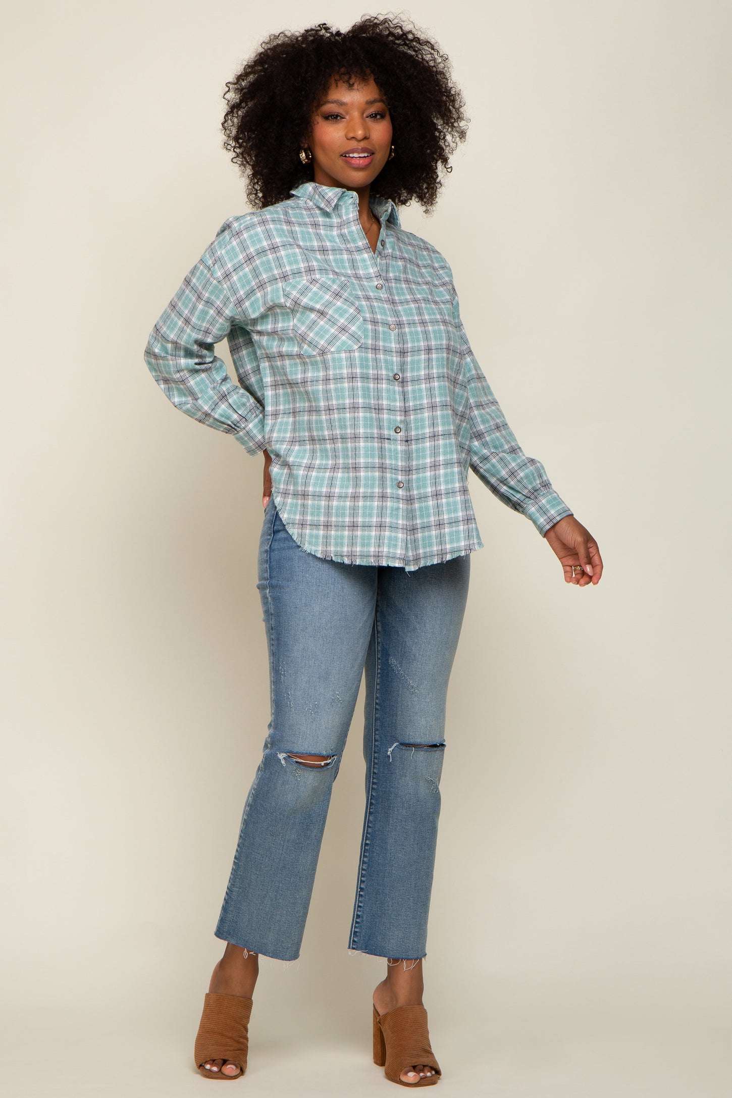 Mint Green Plaid Button Up Raw Edge Flannel Top