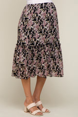 Black Floral Plisse Ruffle Accent Maternity Midi Skirt