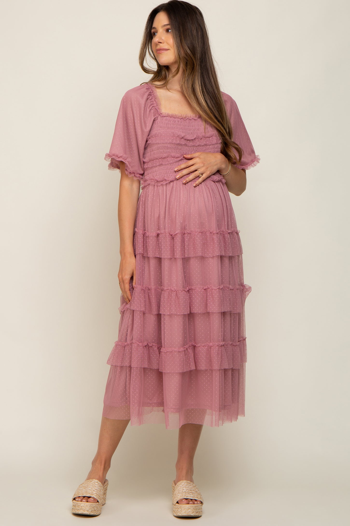 Mauve Dot Smocked Ruffle Tiered Maternity Midi Dress