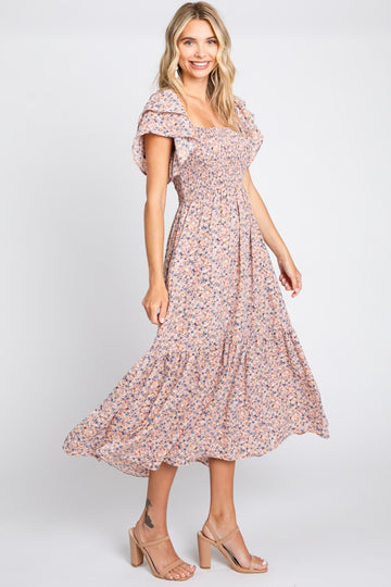 Light Pink Floral Flutter Midi Dress