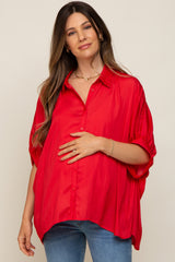 Red Oversized Button Down Maternity Blouse