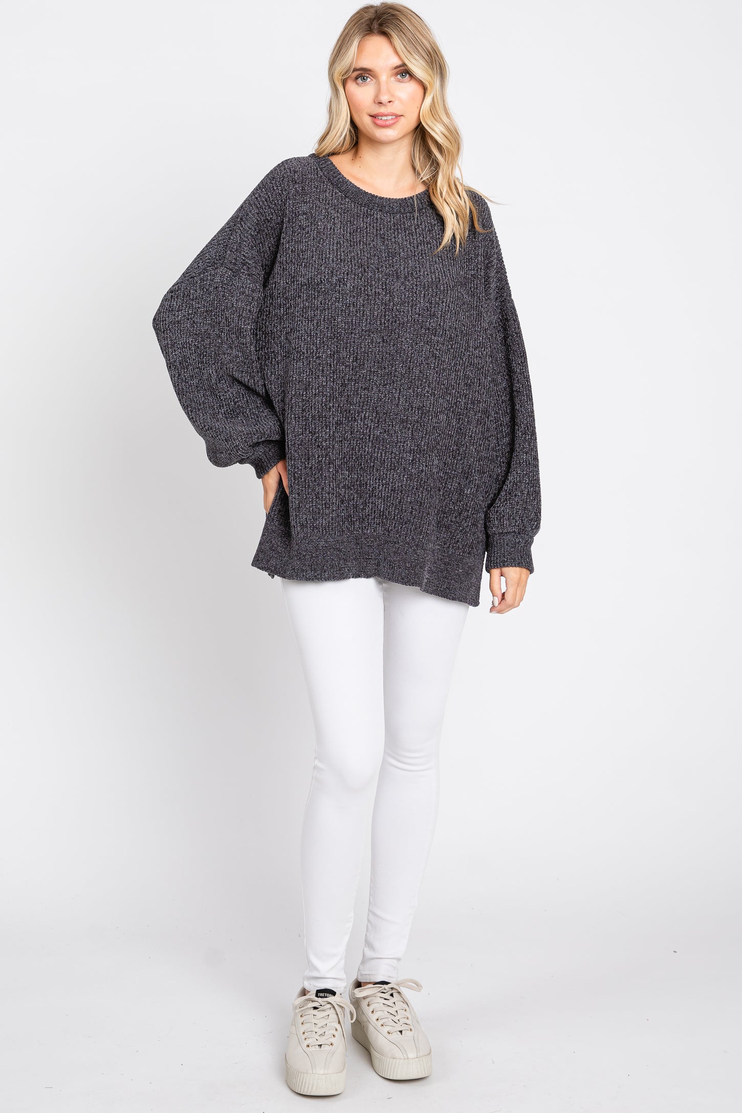 Charcoal Chenille Knit Balloon Sleeve Sweater