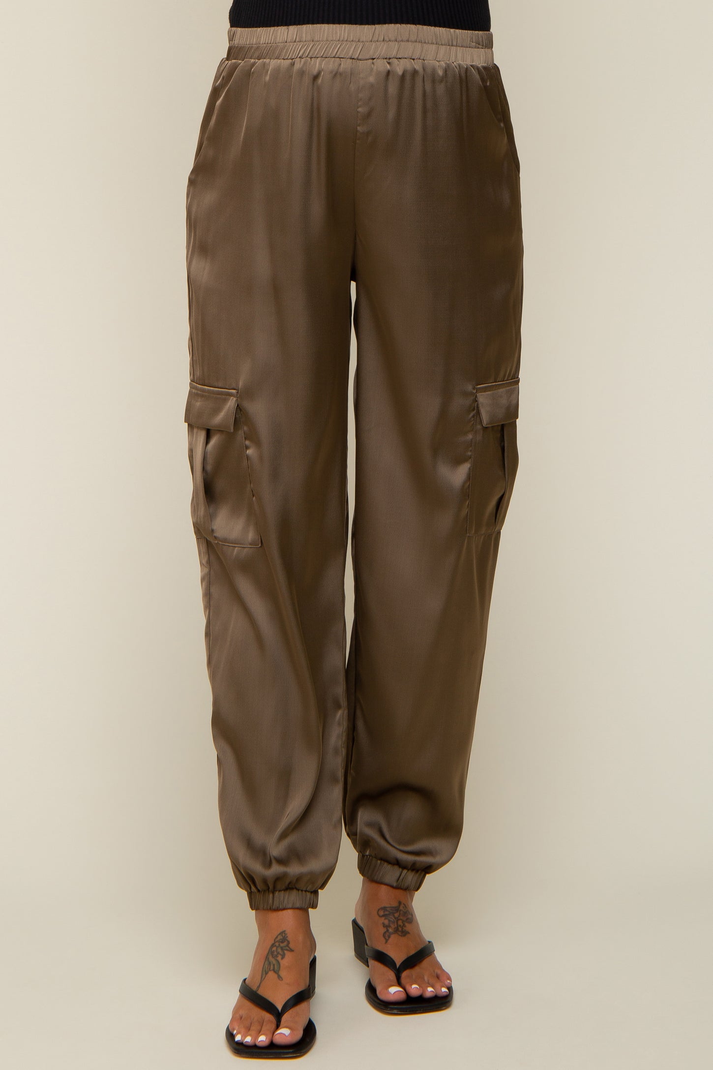 Olive Satin Cargo Maternity Jogger Pants