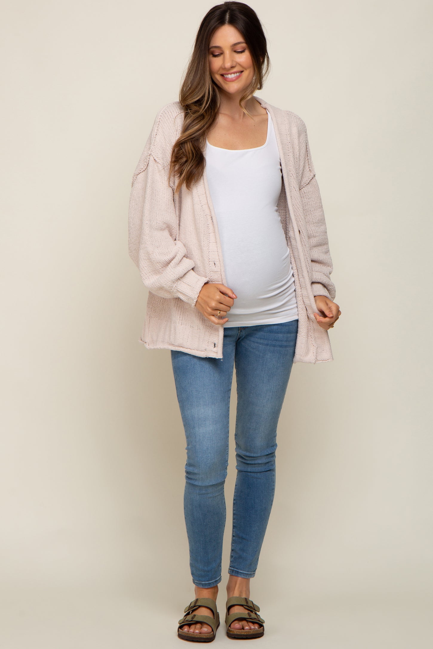Cream Soft Chunky Chenille Button Front Maternity Cardigan