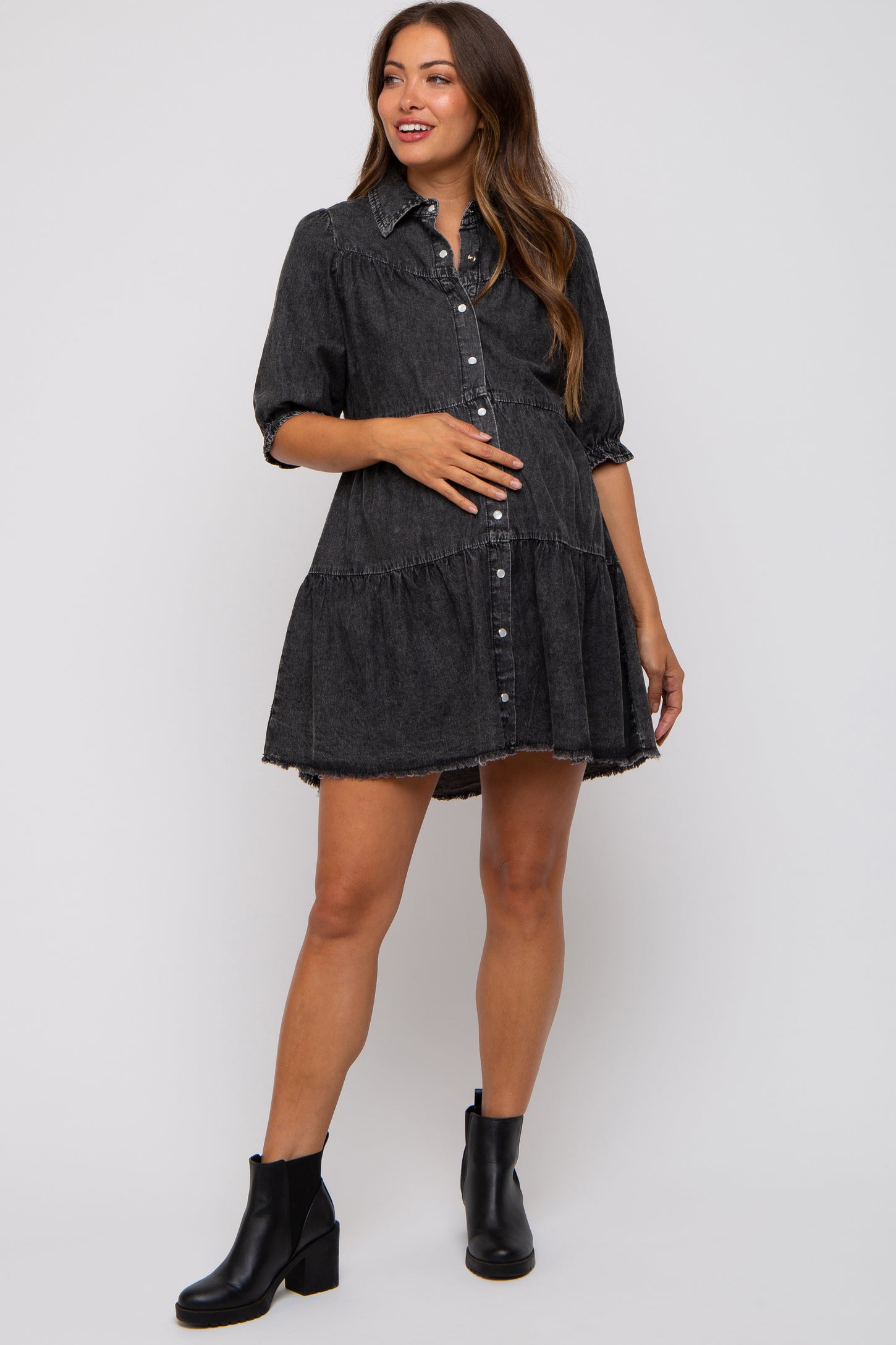 Black Chambray Maternity Tiered Shirt Dress– PinkBlush