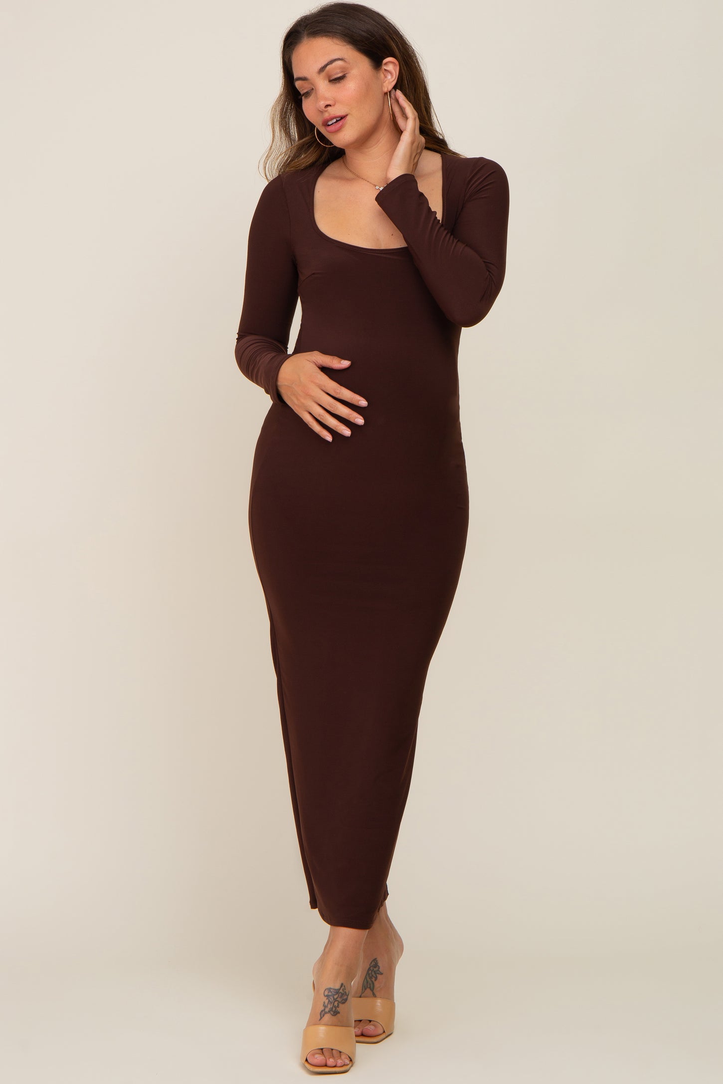 Brown Square Neck Fitted Long Sleeve Maternity Maxi Dress PinkBlush Brown Square Neck Fitted Long Sleeve Maternity Maxi Dress PinkBlush