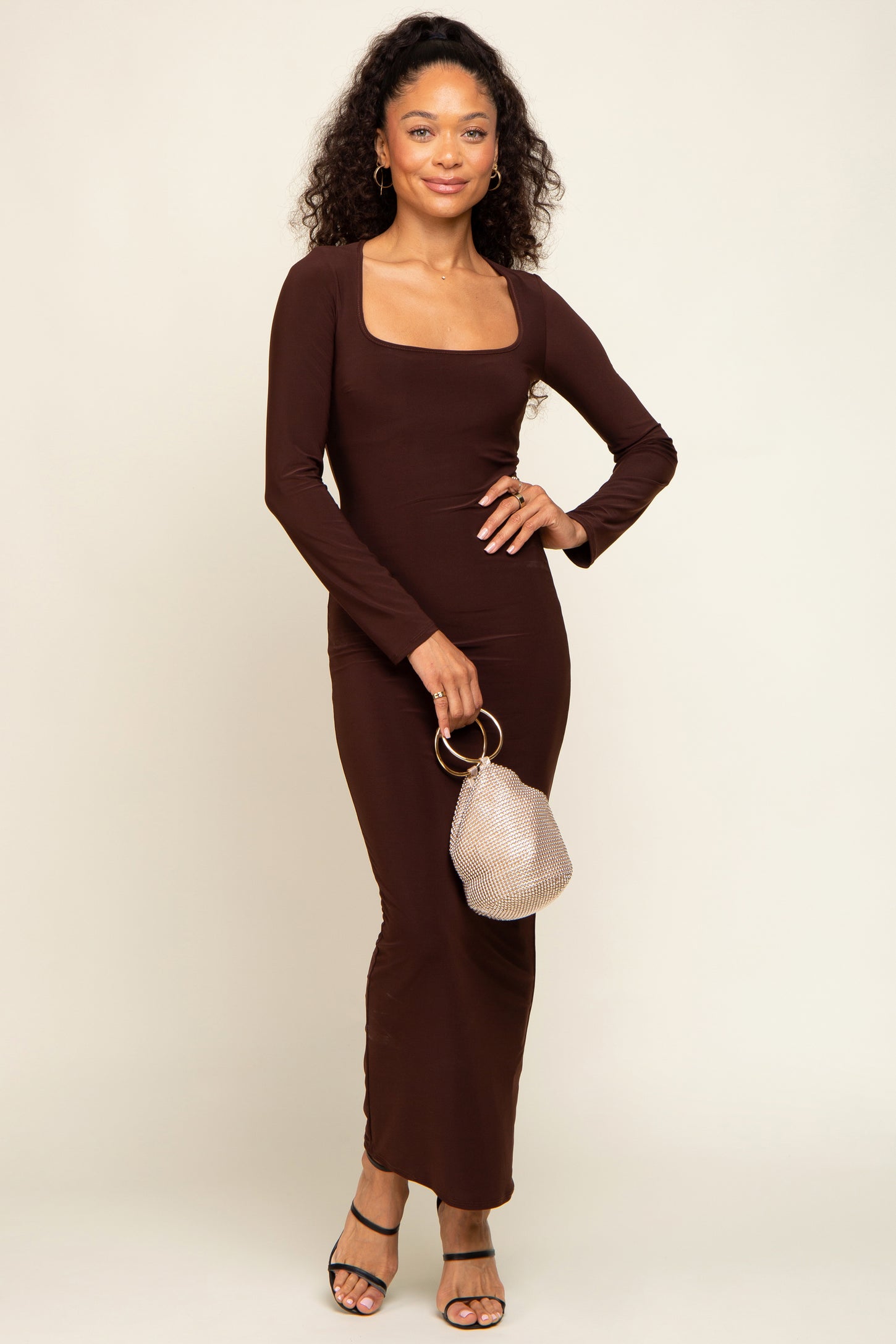Brown Square Neck Fitted Long Sleeve Maxi Dress Brown Square Neck Fitted Long Sleeve Maxi Dress