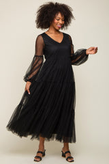 Black Mesh Overlay Tiered Maxi Dress