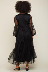 Black Mesh Overlay Tiered Maxi Dress