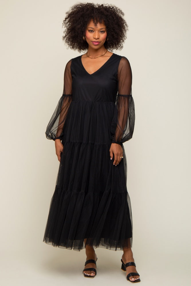 Black Mesh Overlay Tiered Maxi Dress Small