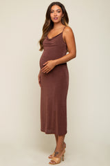 Brown Cowl Neck Maternity Midi Dress
