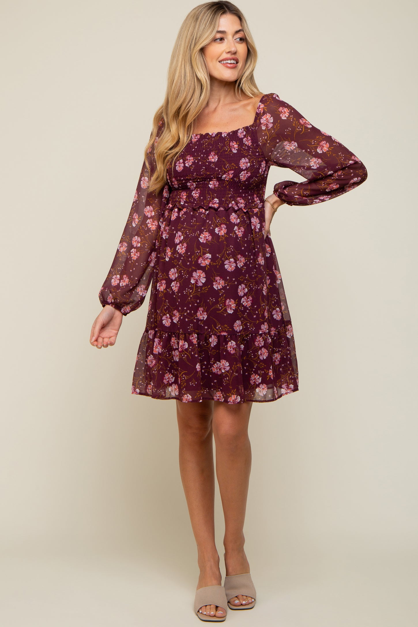 Burgundy Floral Smocked Long Sleeve Maternity Dress Burgundy Floral Smocked Long Sleeve Maternity Dress