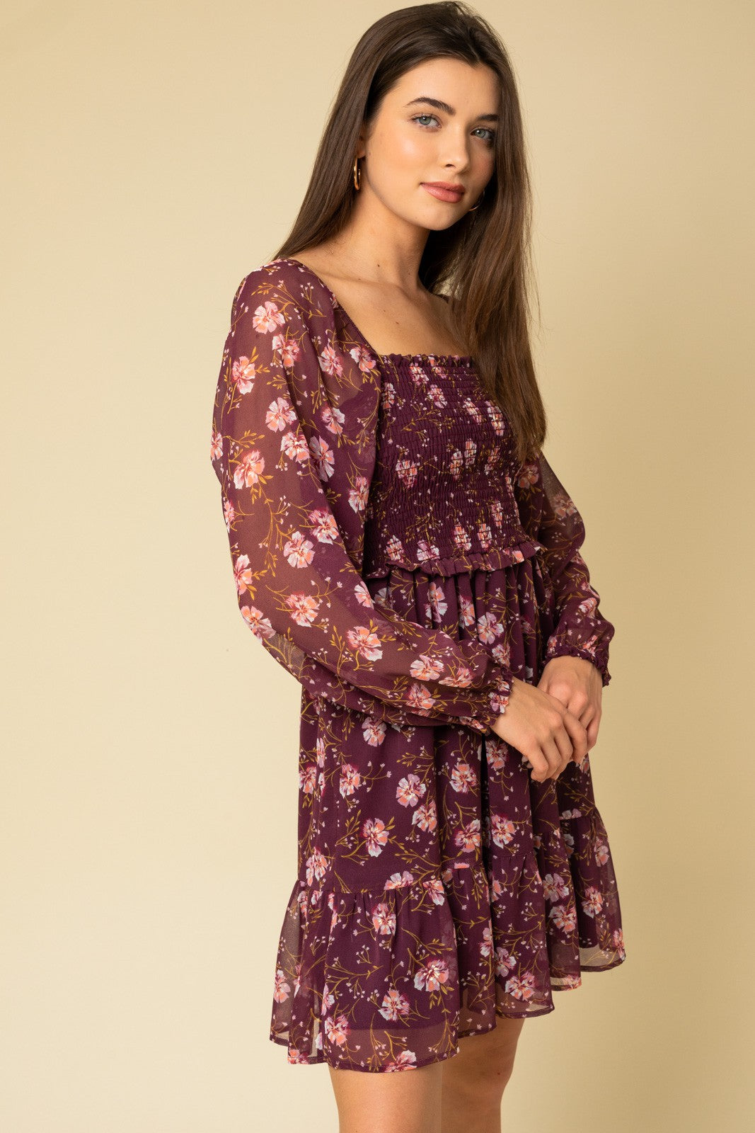Burgundy Floral Smocked Long Sleeve Dress PinkBlush Burgundy Floral Smocked Long Sleeve Dress PinkBlush