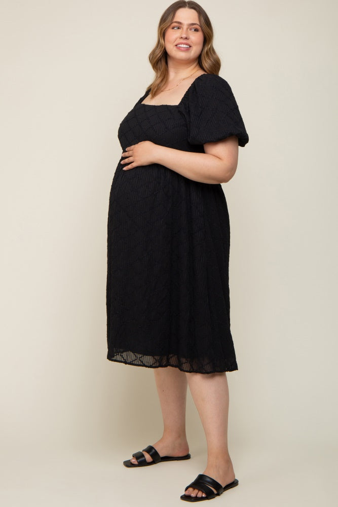 Black Striped Textured Chiffon Maternity Plus Midi Dress