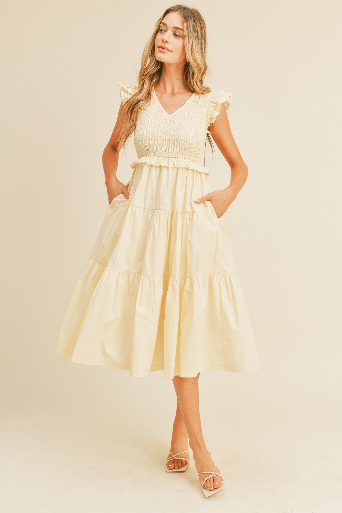 Cream Smocked Flutter Sleeve Tiered Midi Dress Medium