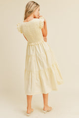 Cream Smocked Flutter Sleeve Tiered Midi Dress