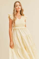 Cream Smocked Flutter Sleeve Tiered Midi Dress