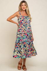 Navy Blue Multi-Color Floral Sleeveless Tiered Maternity Midi Dress