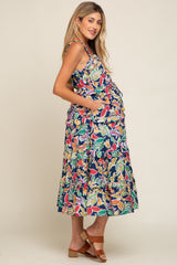 Navy Blue Multi-Color Floral Sleeveless Tiered Maternity Midi Dress