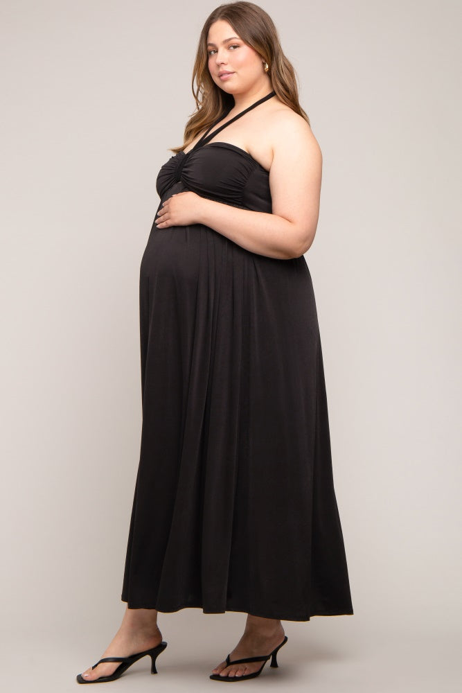 Black Front Knot Halter Maternity Plus Maxi Dress PinkBlush Black Front Knot Halter Maternity Plus Maxi Dress PinkBlush