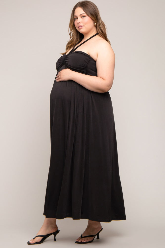 Black Front Knot Halter Maternity Plus Maxi Dress