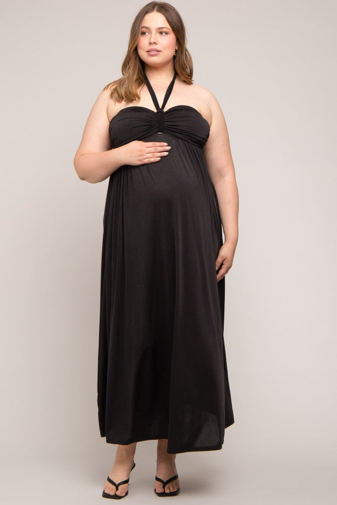 Black Front Knot Halter Maternity Plus Maxi Dress PinkBlush Black Front Knot Halter Maternity Plus Maxi Dress PinkBlush