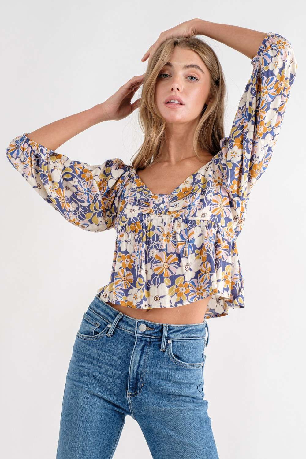 Blue Floral Top With V Neck