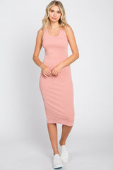 Light Pink Ribbed Fitted Midi Dress